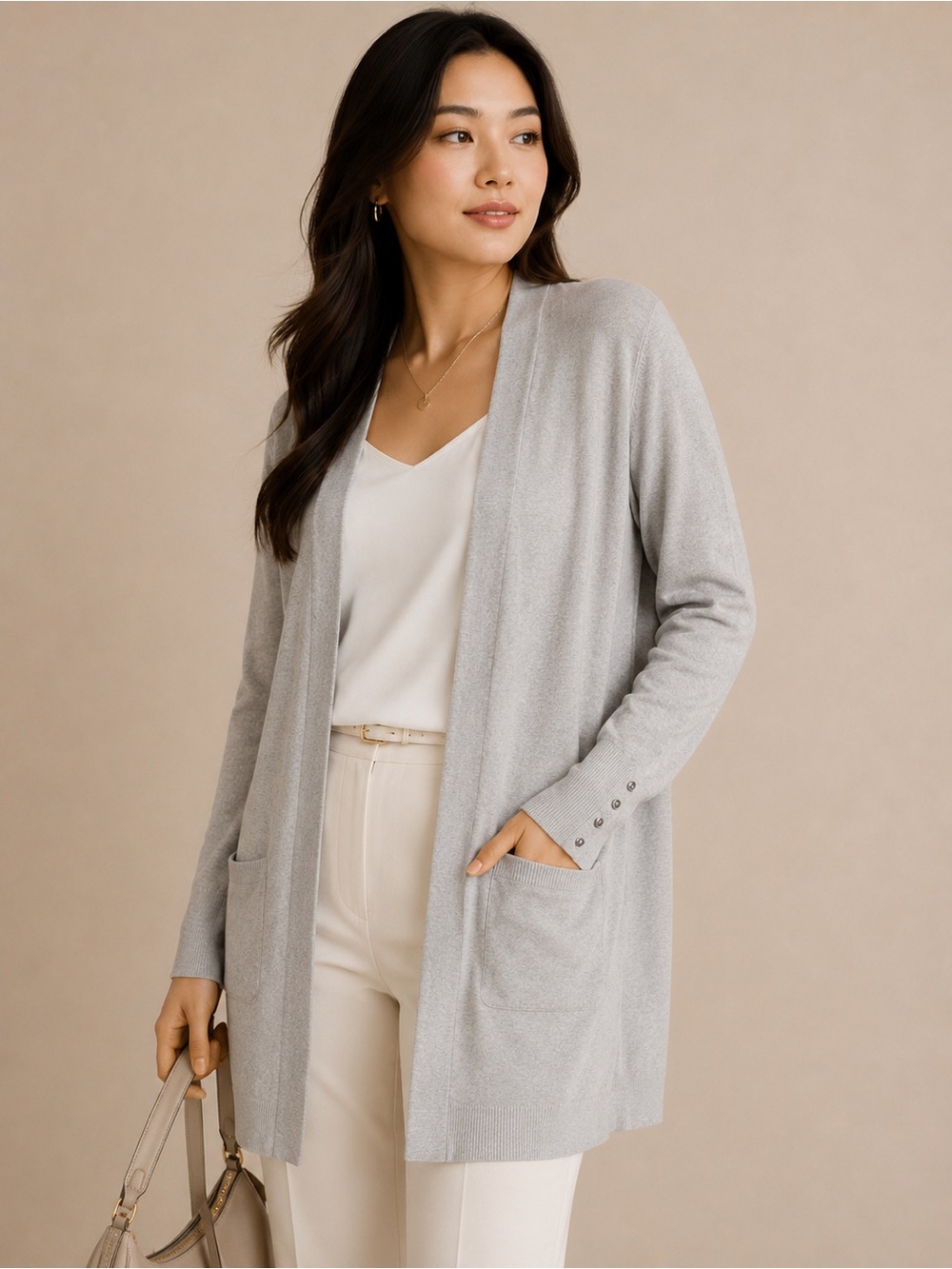 White House Black Market Gray Open Front Longline Cardigan Sweater M